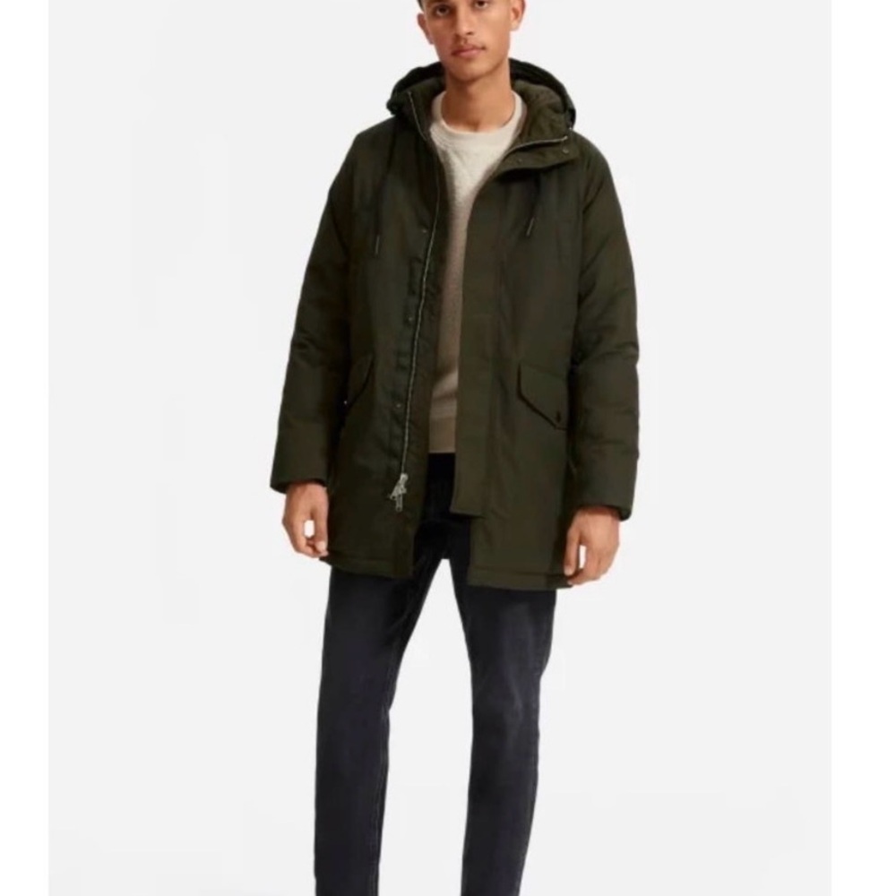 Everlane The Renew Long Parka in Olive Hooded Puffer Jacket